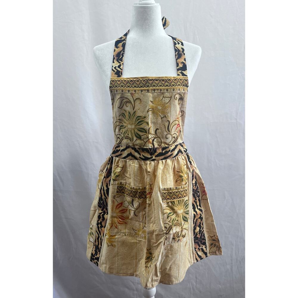 Women's Gold Floral Handmade Apron Large Pocket Cotton Size M/L
